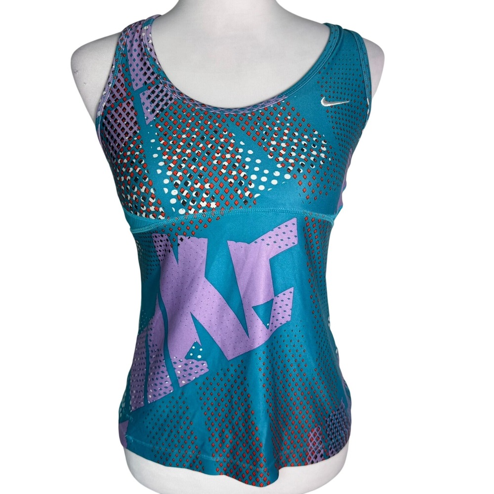 NIKE Women's Medium Teal Purple Geometric Graphic Dri-FIT Racerback Tank Top